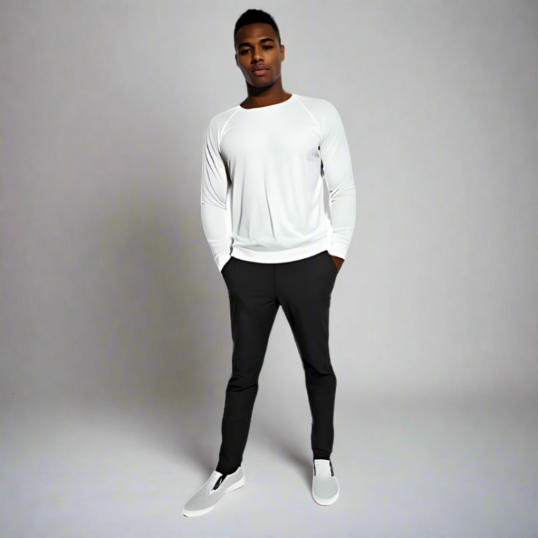 Black GTO Pants with white sweater and white casual shoes