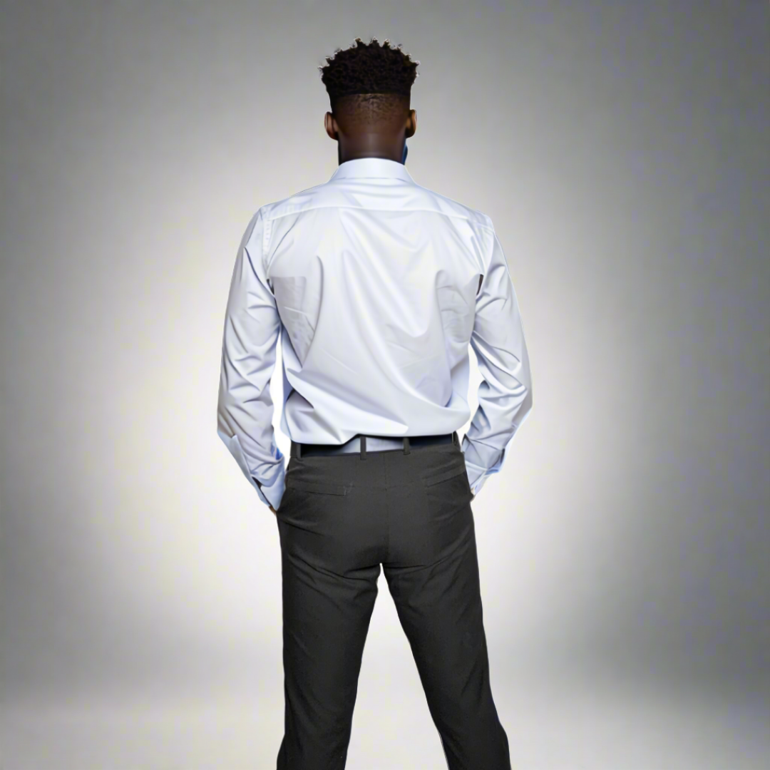 GTO Pants in Black. Rear shot with business dress shirt
