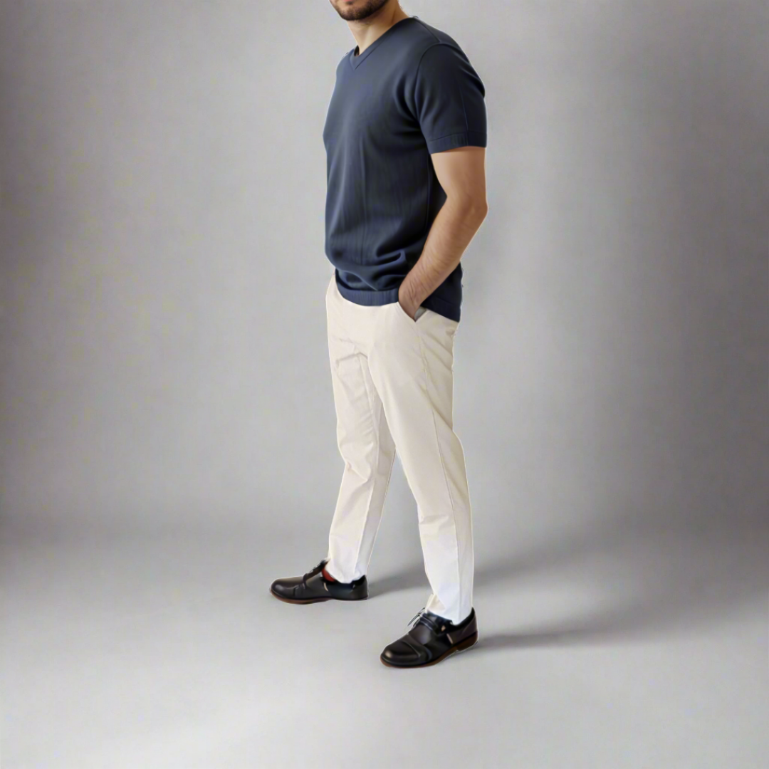 Sand GTO pants with tshirt and black shoes